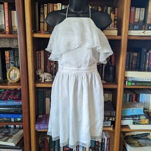 TWO sisters white ruffled top halter mini dress floral chiffon overlay  xs nwot